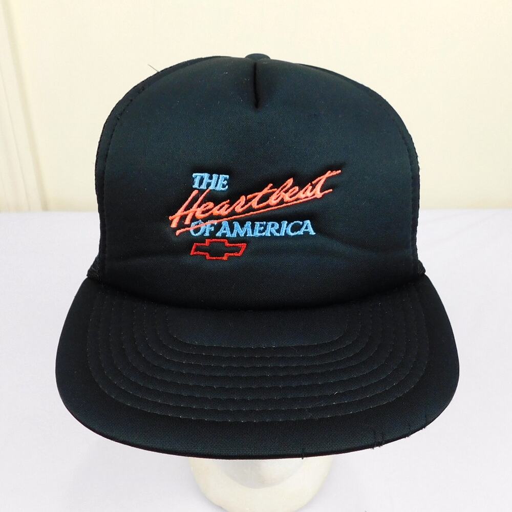 Vintage Chevrolet The Heartbeat Of America Trucker Hat Black Adjustable Mesh 90s